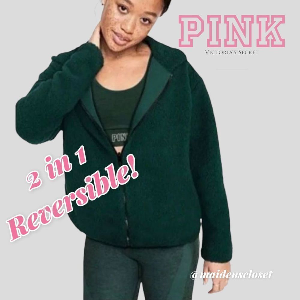 Victoria Secret Reversible Sherpa Teddy Full Zip Hoodie in Dark Green Size Sm